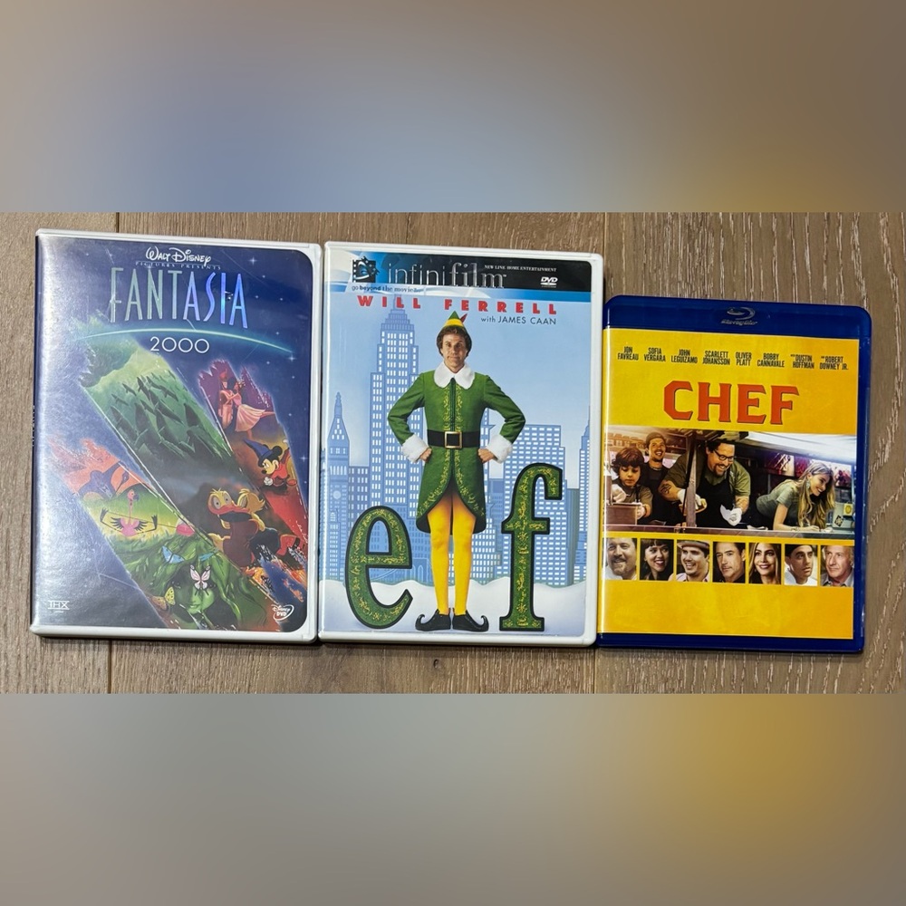 Lot of 3 happy movies (elf, chef, fantasia 2000)